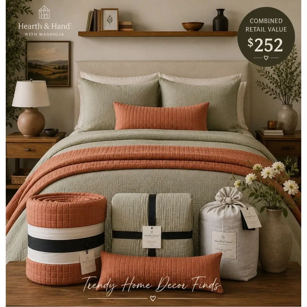 Bundle Offer! Queen Hearth & Hand Sage Green & Rust Bedding Set NEW